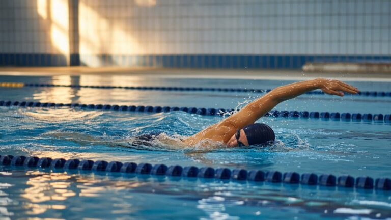 Swimmer in an indoor pool doing front crawl with the arm above the water, seen from the side: swimming vs running