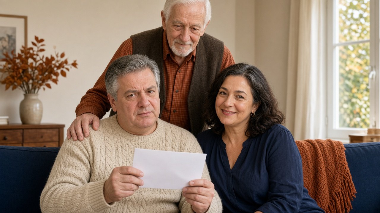 Test de selles après 50 ans : un homme de 52 ans tient l'invitation pendant que sa femme et son père l'encouragent dans le salon