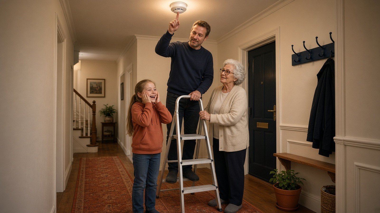 Testing a smoke alarm: a father on a stepladder presses the test button while his daughter covers her ears and her grandmother steadies the ladder
