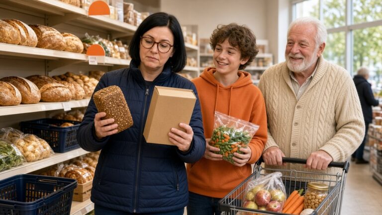 Moeder, zoon en buurman vergelijken in de supermarkt volkorenbrood, ontbijtgranen en diepvriesgroenten bij het kiezen tussen bewerkte en ultrabewerkte voeding