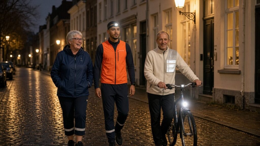 Visible dans le noir : une femme avec des réflecteurs aux chevilles marche le soir avec son fils en gilet fluo et un voisin qui pousse un vélo éclairé