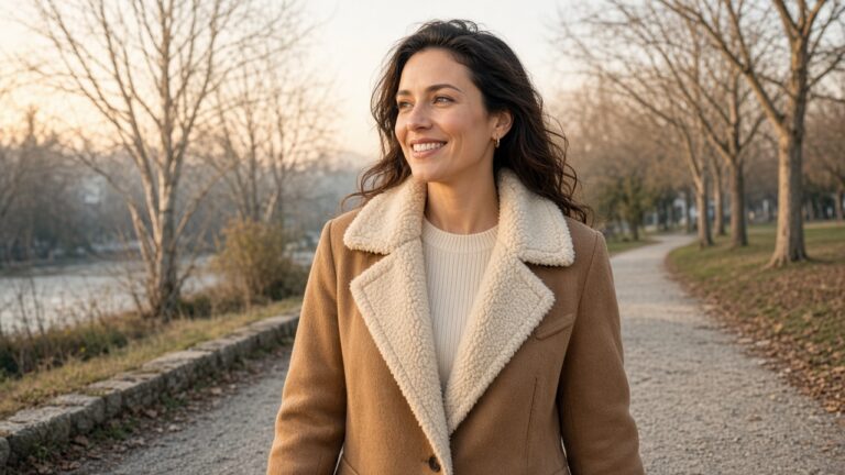 Person in a winter coat on a morning walk in warm light, vitamin D in winter