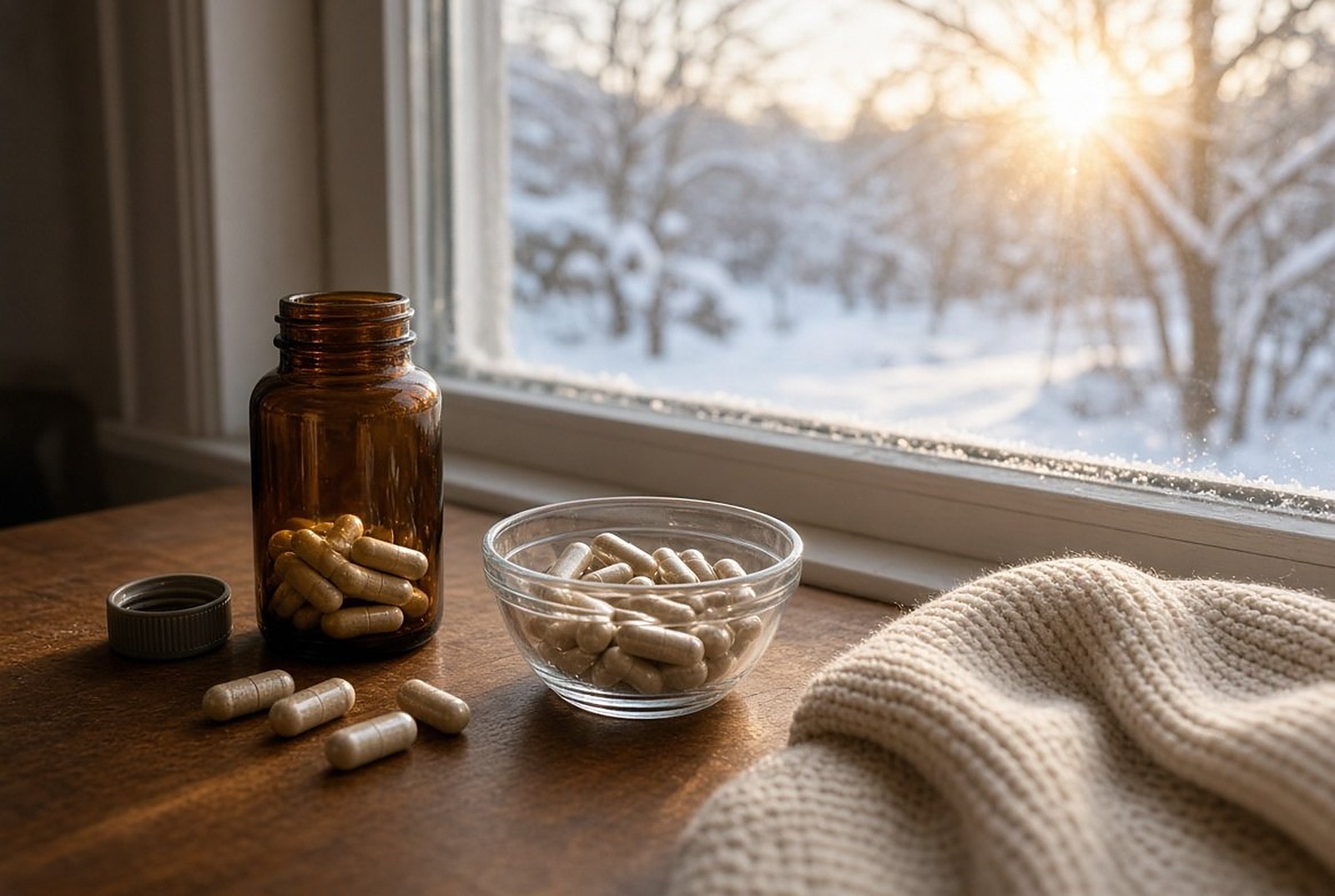 Jar of capsules on a windowsill overlooking a snowy landscape, illustrating vitamin D in winter