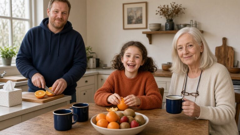 Vitamine C contre le rhume : un père légèrement enrhumé coupe une orange pendant que sa fille et la grand-mère mangent des fruits à la table de la cuisine