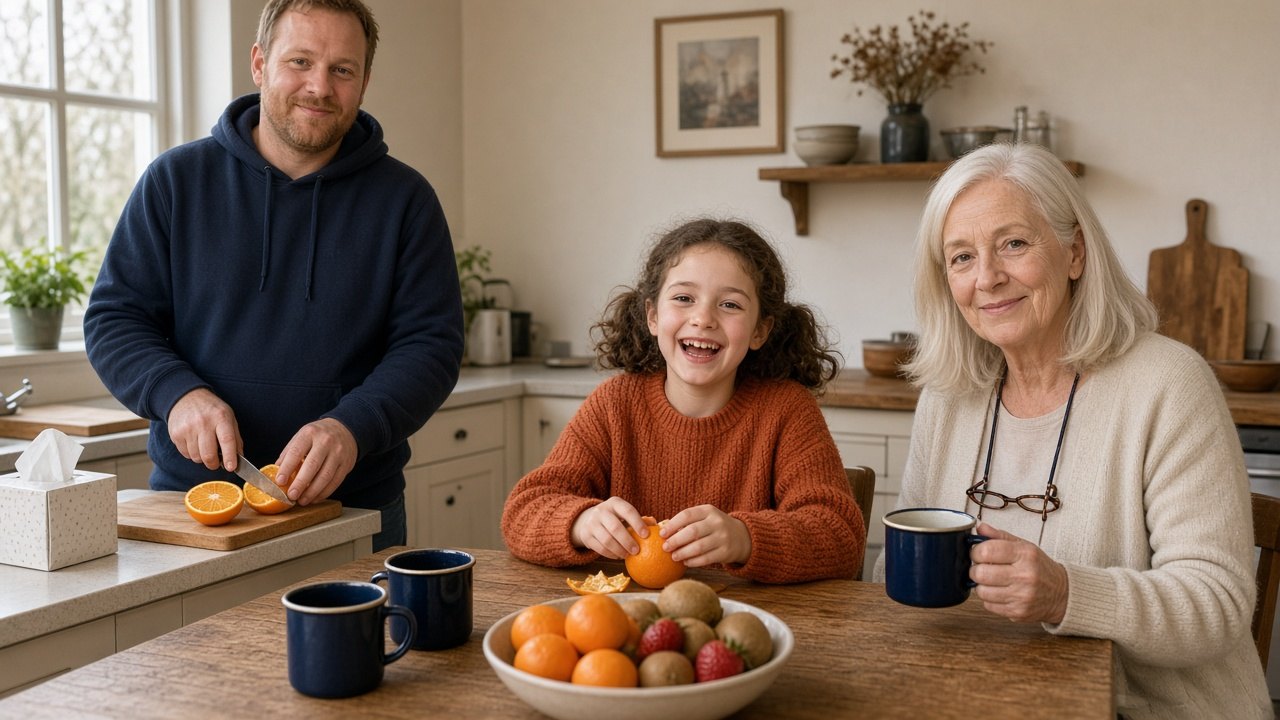Vitamine C tegen verkoudheid: een licht verkouden vader snijdt een sinaasappel terwijl zijn dochter en grootmoeder aan de keukentafel fruit eten