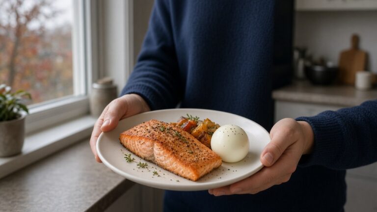 Personne tenant une assiette de saumon poêlé et un œuf près de la fenêtre par une journée d'automne grise, vitamine D