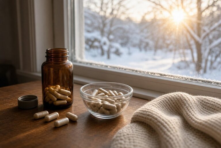 Potje capsules op een vensterbank bij een besneeuwd winterlandschap, als beeld voor vitamine D in de winter