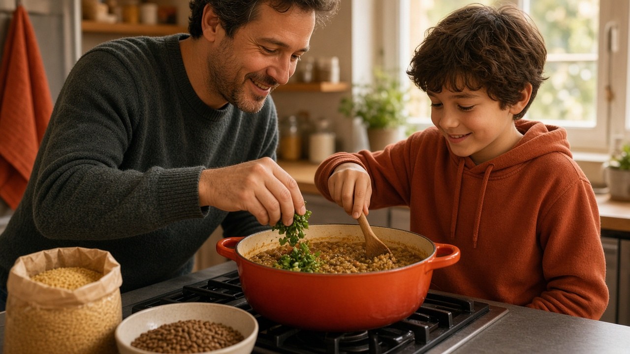 Een ouder en kind koken samen een linzen-volkorenschotel in de keuken.