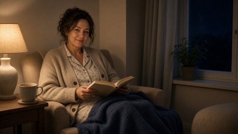 Een vrouw van in de veertig zit ontspannen in een fauteuil bij een zacht lampje en leest ’s nachts een papieren boek, gezicht van voren zichtbaar