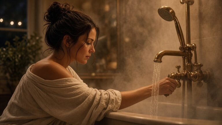 Person turning on the warm shower or heading for a warm bath before bed