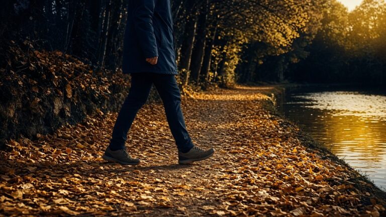Person walking on an autumn towpath, feet and legs in motion, trees with orange leaves: a weekend long walk