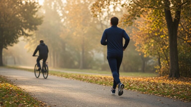 Loper op een parkpad in de herfst met een fietser op de achtergrond in het ochtendlicht