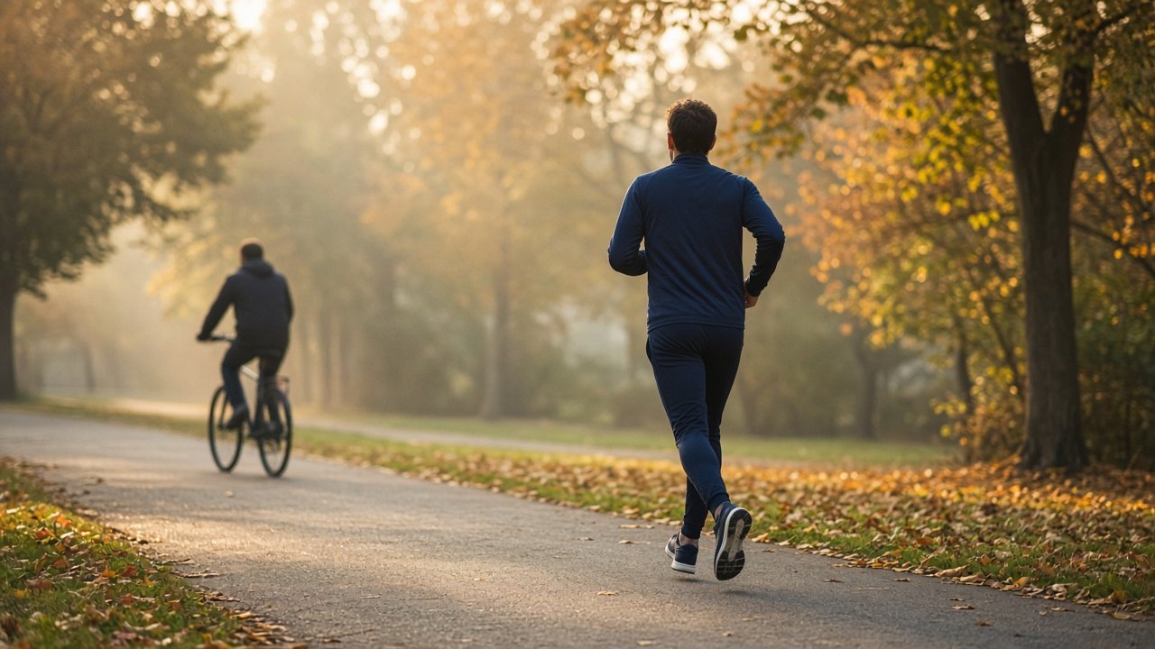 Loper op een parkpad in de herfst met een fietser op de achtergrond in het ochtendlicht