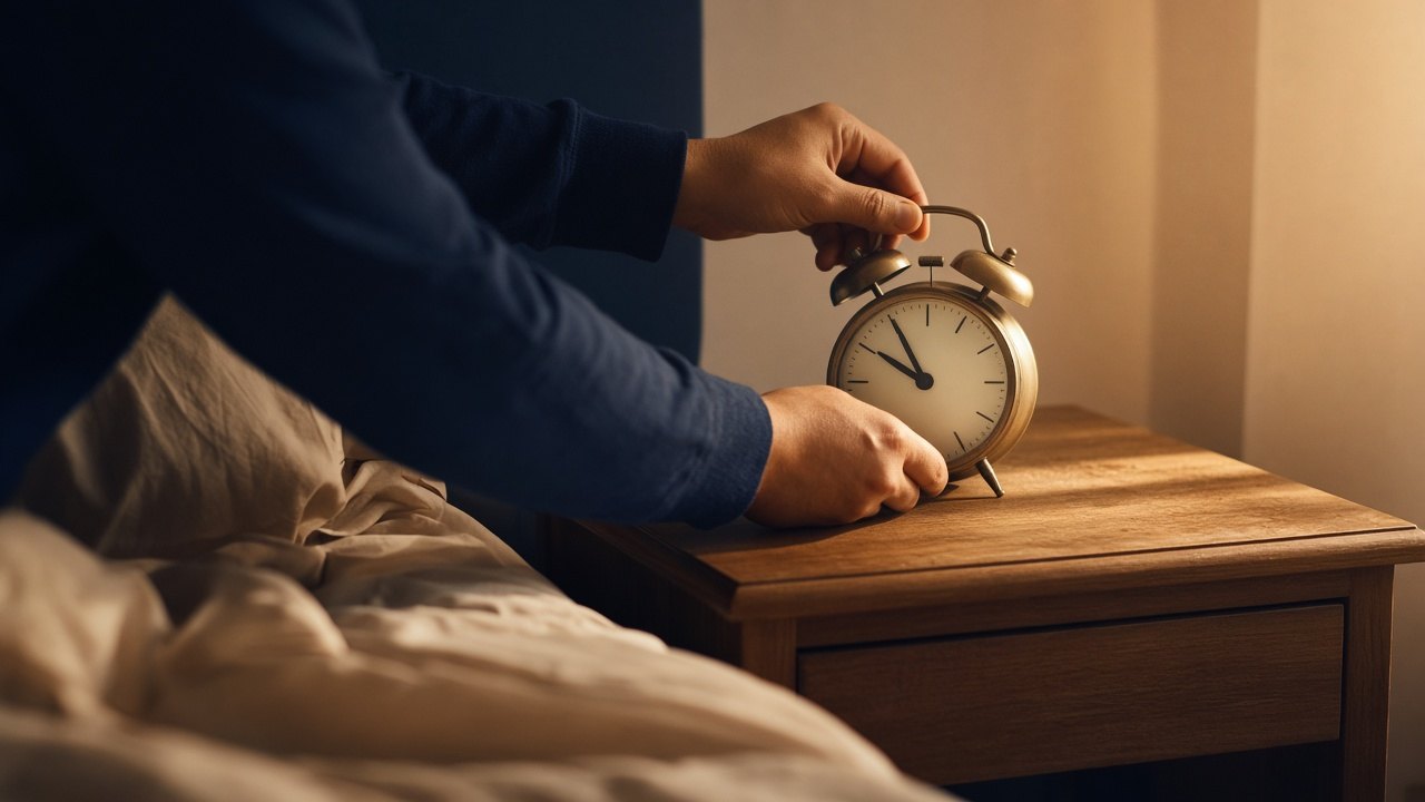 Persoon zet in de vroege ochtend een analoge wekker een uur terug op een nachtkastje naast het bed