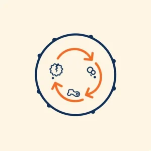 Lijnillustratie van een cel met een recyclagepijl rond versleten onderdeeltjes