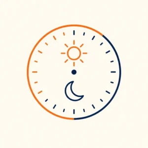 Lijnillustratie van een klok met zon en maan: het dag-nachtritme van het lichaam
