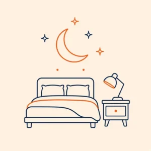 Lijnillustratie van een maan en sterren boven een bed met een gedimde lamp