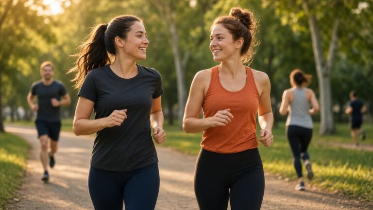 Deux amis font un jogging en discutant dans un parc, entraînement en zone 2