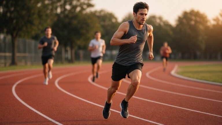 A runner sprinting an interval on the athletics track, other runners blurred in the background: zone 5 training